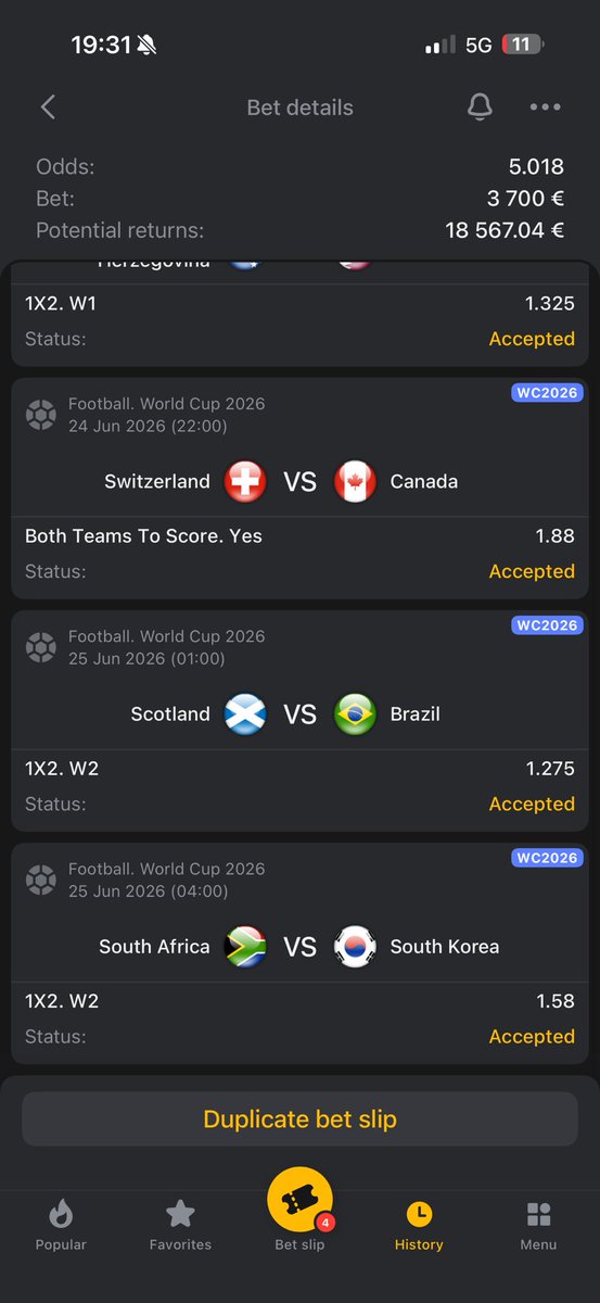 ricamax's tweet photo. DAY 14🌍

🇧🇦 VS 🇶🇦

Bosnia Win

🇨🇭 VS 🇨🇦

BTTS - Yes

🇭🇹 VS 🇧🇷

Brazil Win

🇿🇦 VS 🇰🇷

South Korea Win

💰 Stake: 3700€ https://t.co/8ZGeHtsbMr