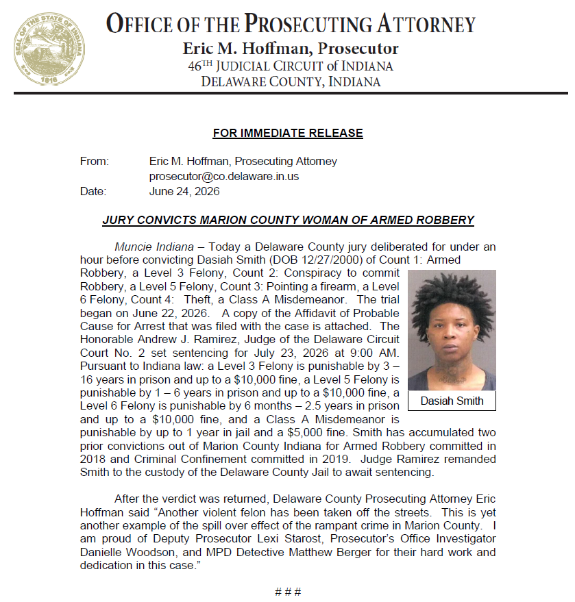 ProsecutorDelCo's tweet photo. Marion County woman convicted in Muncie of Armed Robbery.  Yet another example of the spillover of the rampant crime in Marion County. #AccountabilityMatters #PublicSafety https://t.co/AQmyOIaWgU