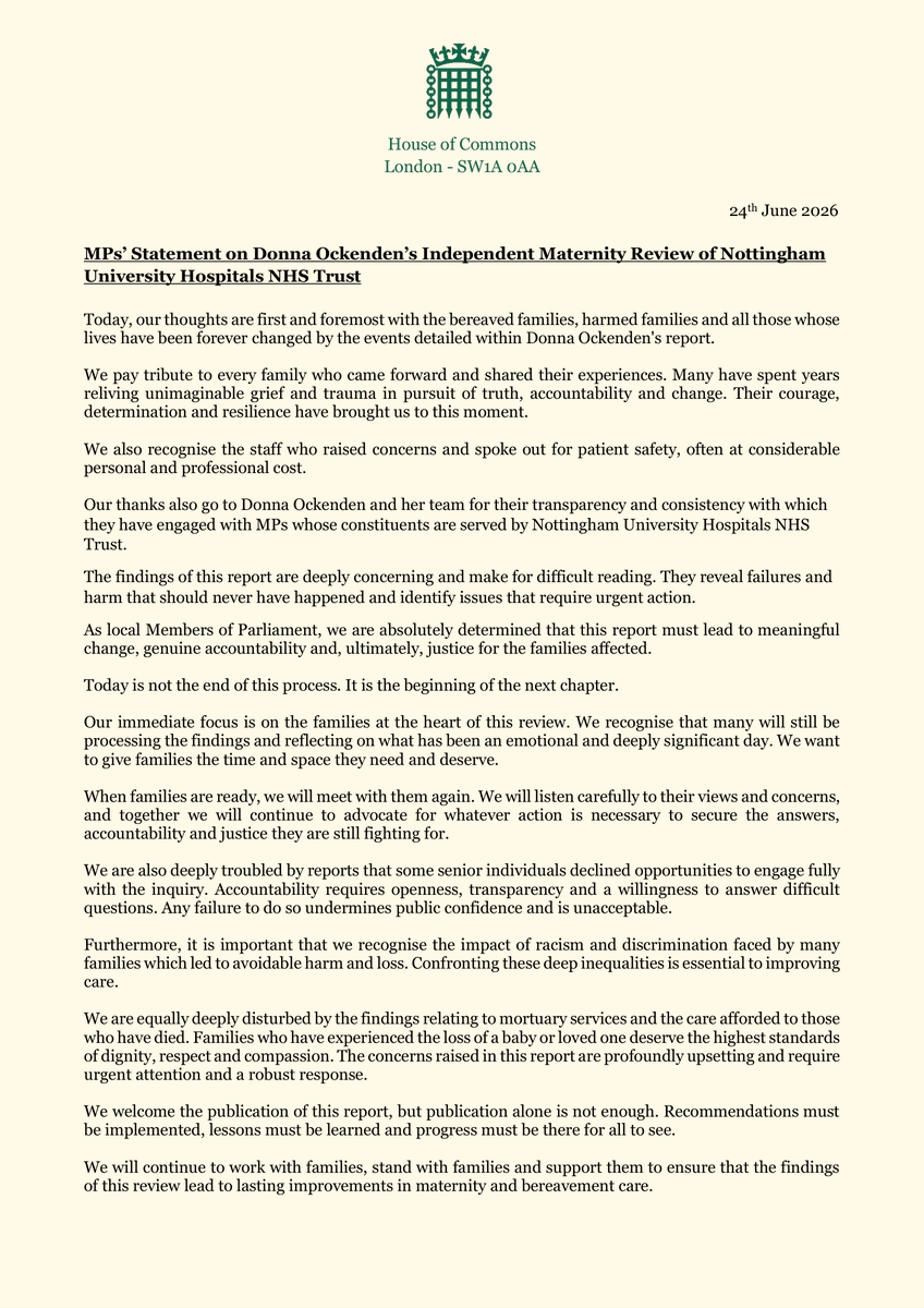 AlexJJNorris's tweet photo. MPs’ Statement on Donna Ockenden’s Independent Maternity Review of Nottingham University Hospitals NHS Trust https://t.co/DJmmoM4SZ3