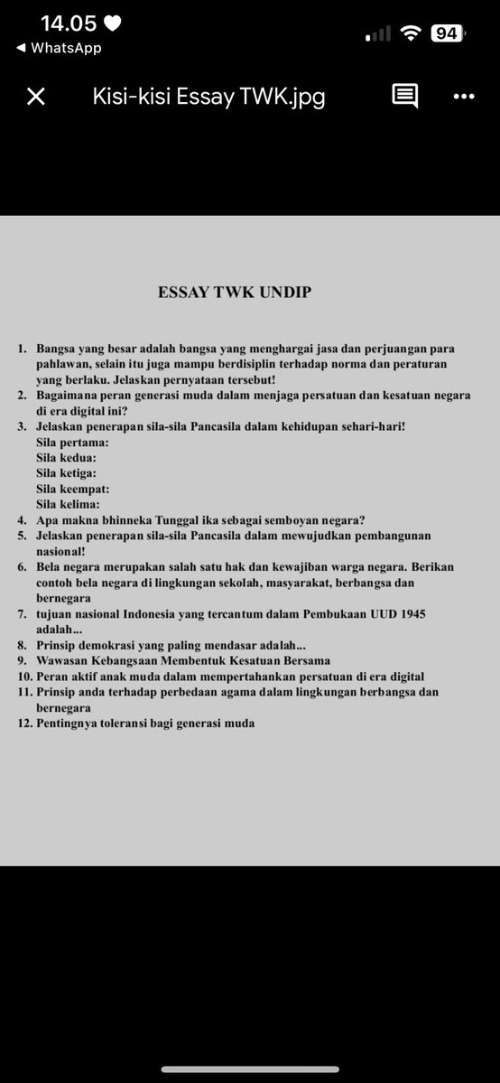 caayissaaa's tweet photo. @aeskeya Samaaaa, bahkan aku dapet soal yang sama kaya pas aku latihan. Ini yaa untuk referensi nya
Aku dapet pertanyaan ini yaa

“Bagaimana peran generasi muda dalam menjaga persatuan bangsa di era digital?” https://t.co/HEwcSguZub