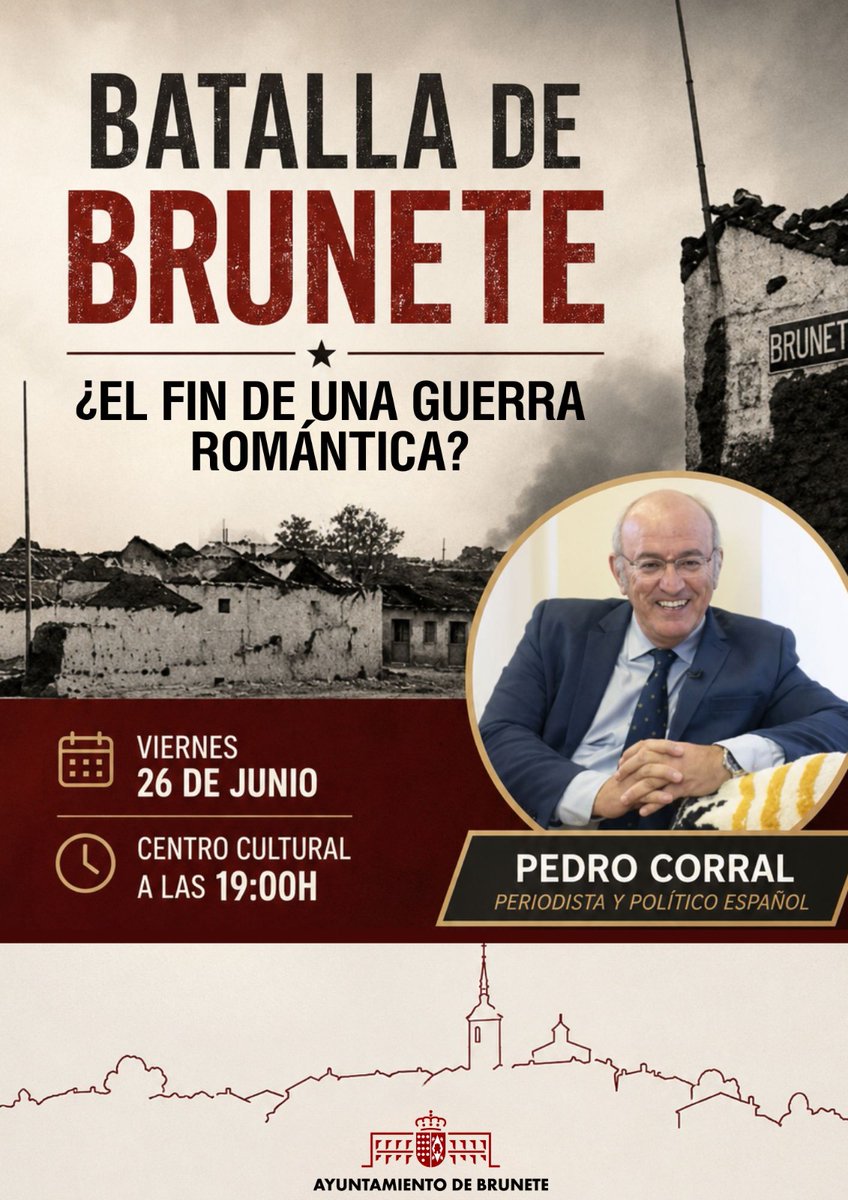 AytoBrunete's tweet photo. ¿El fin de una guerra romántica?

La Batalla de Brunete cambió la Guerra Civil para siempre.
@corralcpedro1 lo cuenta este viernes.

📅 26 junio | 19:00h
📍 Centro Cultural de Brunete
🎟️ Entrada libre https://t.co/HJ4VT3wj33