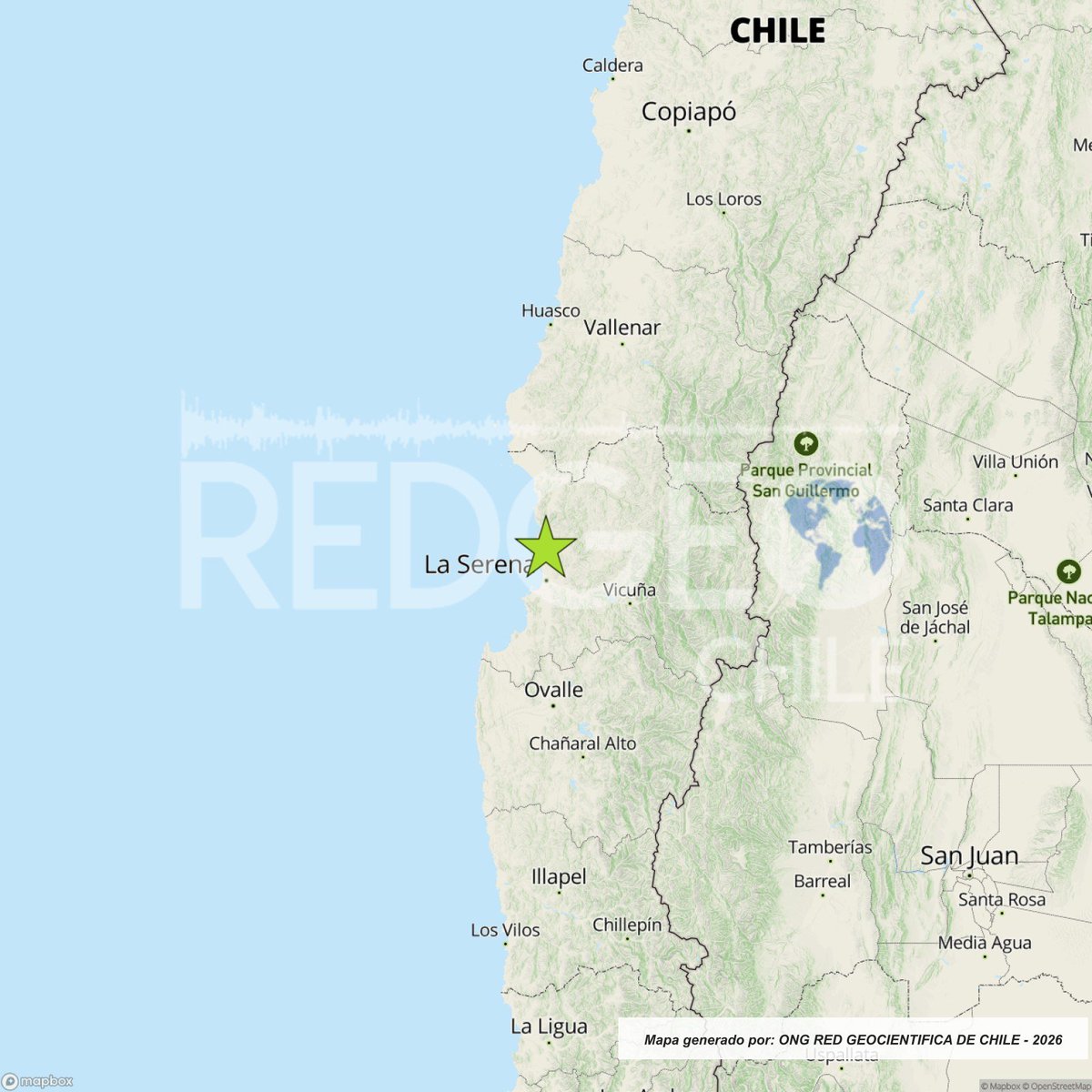 RedGeoChile's tweet photo. REVISADO ⚠️ | Un sismo de magnitud 3.5 (Mlv) ocurrió a las 07:31:01 horas de hoy, miércoles 24 de junio de 2026, a 21 km al norte de La Serena (región de #Coquimbo), con una profundidad de 46 kilómetros (Fuente: #CSN).

🚩 Lista de intensidades en la escala de Mercalli Modificada:

La Serena: II*

Fuente: (*) Red de Informantes Mercalli de RedGeoChile.