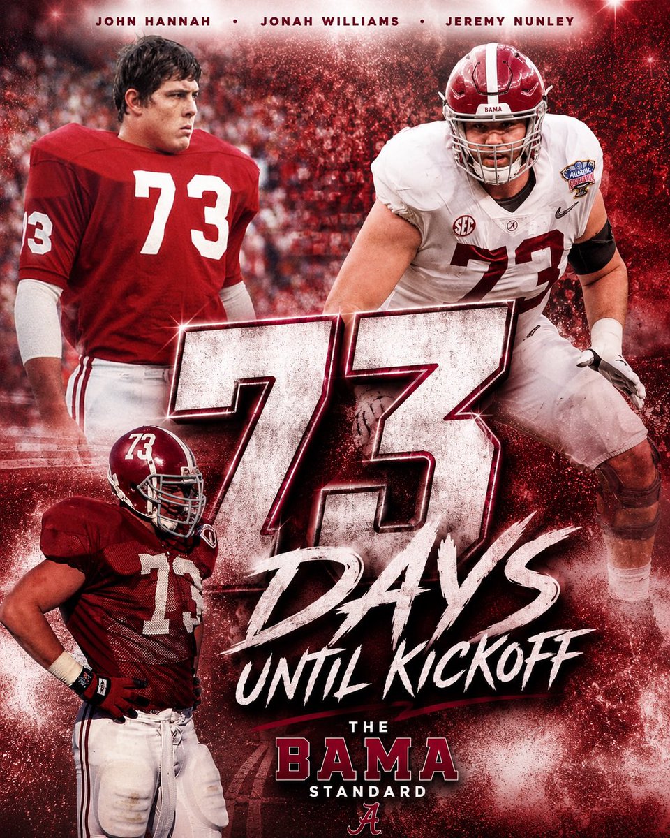 TheBamaStandard's tweet photo. We are 73 days away from Alabama kicking off the 2026 season! 🔥

Featured Players: John Hannah, Jonah Williams, &amp; Jeremy Nunley

#CollegeFootball #RollTide #BamaFactor https://t.co/orJLgrmGqX