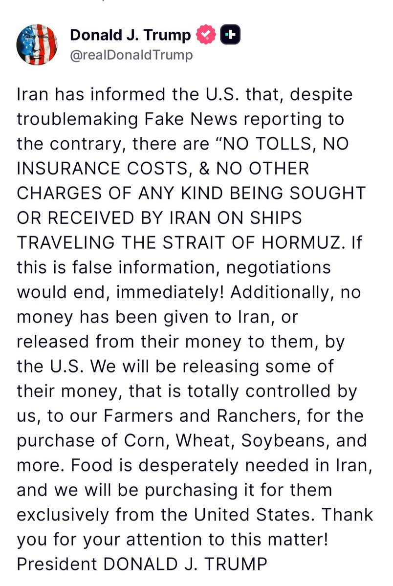 AlexCoh's tweet photo. President Trump: Additionally, no money has been given to Iran, or released from their money to them, by the U.S. We will be releasing some of their money, that is totally controlled by us, to our Farmers and Ranchers, for the purchase of Corn, Wheat, Soybeans, and more. https://t.co/TxEl3tSjRy