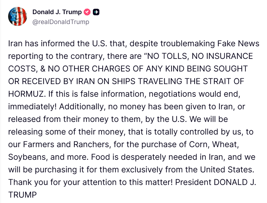 17QStorm's tweet photo. Trump just exposed the whole narrative in one post.

No ransom.
No payoff.
No “deal” for Iran.
Their money stays controlled, and the purchases go through American farmers and ranchers.
Fake News wanted panic.
Trump delivered receipts.

America First means America gets paid first. https://t.co/tE5mE7U6cO