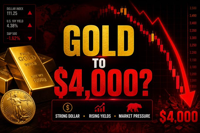 MMentors99X's tweet photo. 📉 #Gold Bears Stay in Control
Strong USD, rising yields, and hawkish Fed expectations continue to weigh on gold. If selling pressure persists, $4,000 could be the next major target.

✅ Strong Dollar
✅ Higher Yields
✅ Hawkish Fed
✅ Risk-Off Sentiment
#XAUUSD #Forex https://t.co/UprMYtbtcl
