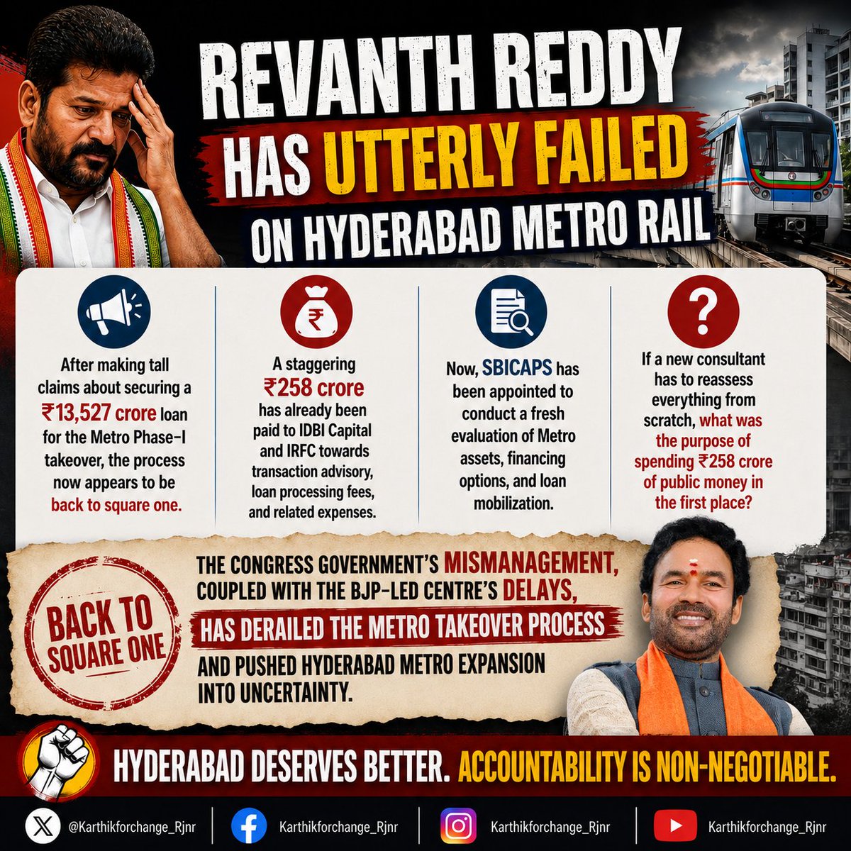 itsKarthikrjnr's tweet photo. Tall promises. Massive expenditure. Zero progress.

₹258 crore of public money spent, yet the Hyderabad Metro takeover process is back to square one. The people of Hyderabad deserve transparency, accountability, and timely infrastructure development.

#HyderabadMetro #Telangana #HyderabadDevelopment #Accountability #KarthikForChange_Rjnr 

@BRSparty