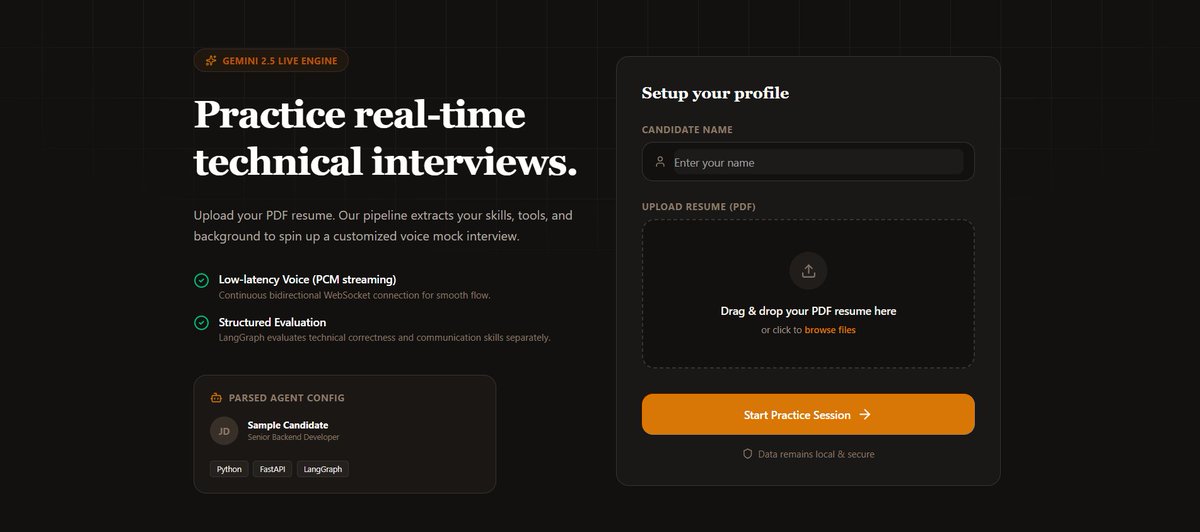 AshParmarr's tweet photo. finally made the impossible for me.😭
:), but it's alive ggs..
a bot interviewer that holds a live, natural voice conversation with u, asks tailored technical questions based on ur resume &amp; gives a detailed scorecard + feedback.
stay tuned for further update.
#VertexAI #Gemini https://t.co/jTCCAQqoPx