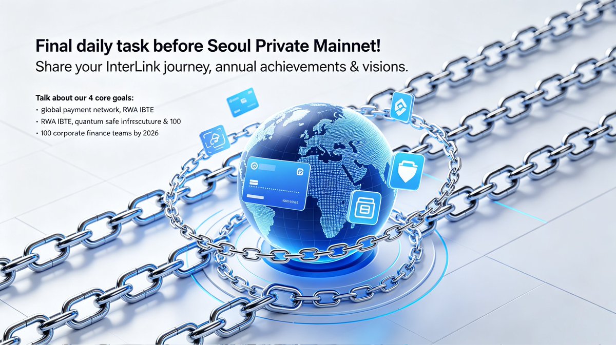 zhen_ning1968's tweet photo. Final daily task before Seoul Private Mainnet! Share your InterLink journey, annual achievements &amp; visions. Talk about our 4 core goals: global payment network, RWA IBTE, quantum-safe infrastructure &amp; 100 corporate finance teams by 2026.
#InterLink #ITLG #ITL https://t.co/j3OeRadK17