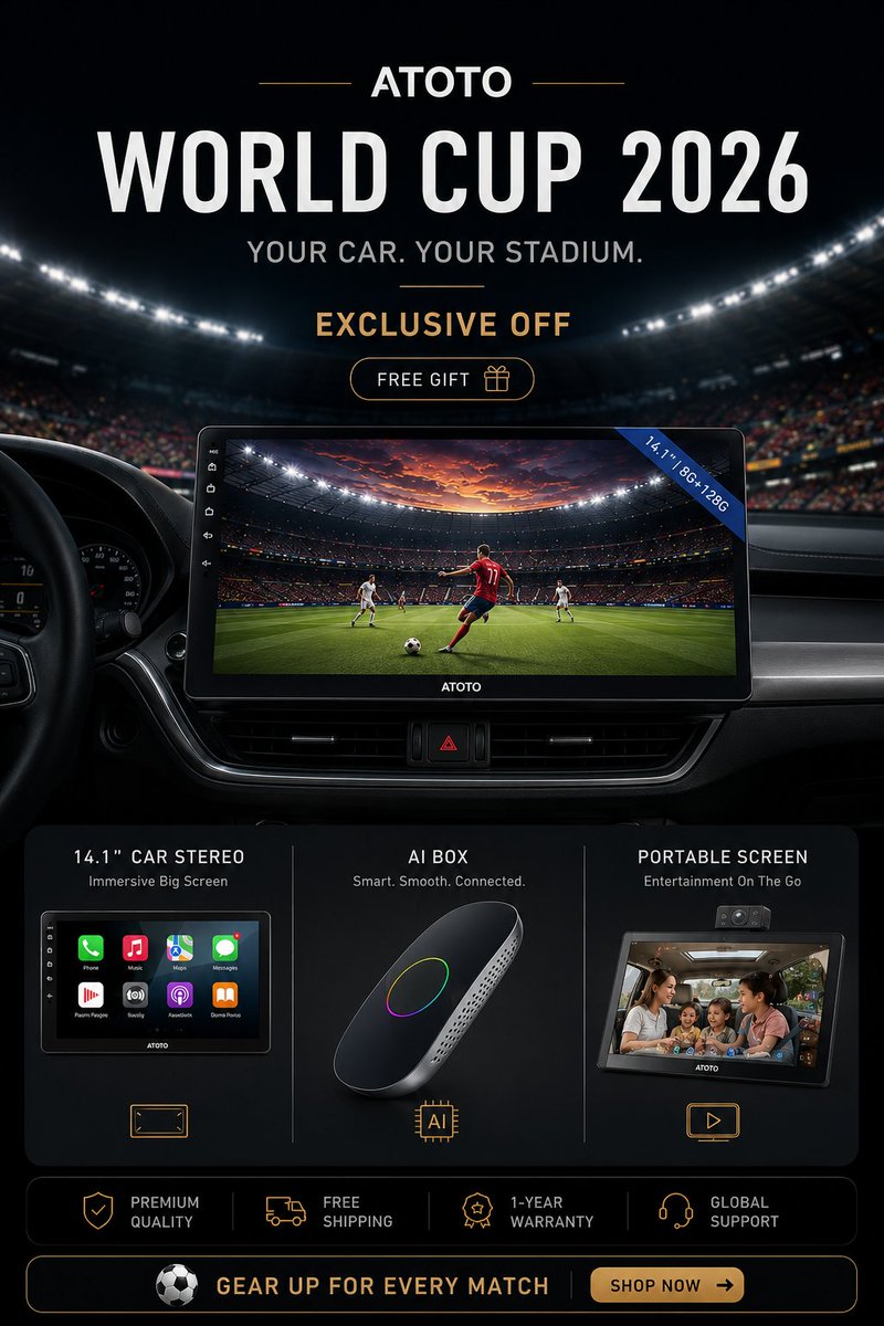 ATOTO_OFFICIAL's tweet photo. ⚽ World Cup 2026

Your Car. Your Stadium.

🎁 Free Gift Included

Shop Now:
https://t.co/NZxMPx9wIj https://t.co/oWrHUSRn79