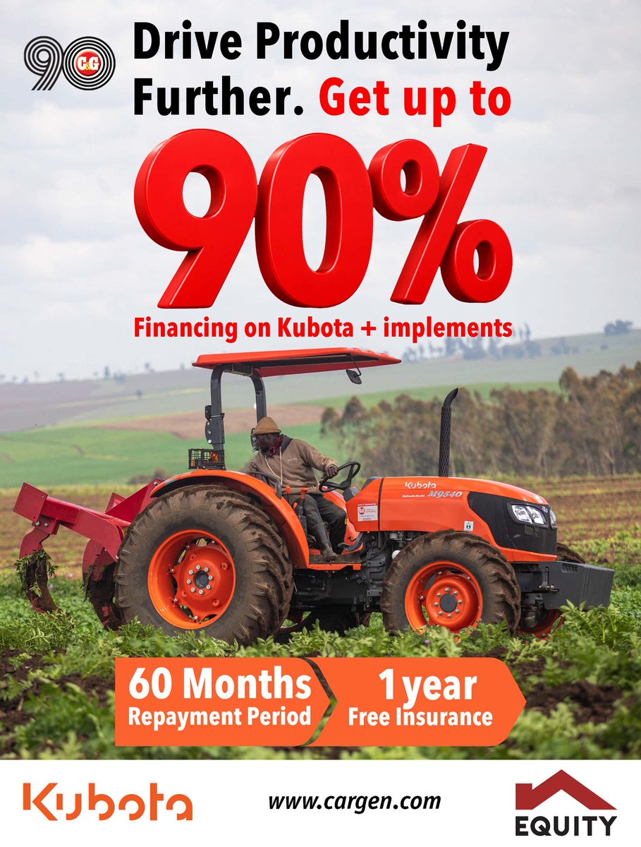 CarandGeneral's tweet photo. Boost farm potential! 🌾
Get UP TO 90% FINANCING on all Kubota tractors &amp; implements through our new Equity Bank partnership!

🔥 60-month flexible repayment 
🔥 1 YEAR FREE INSURANCE

Upgrade your machinery today! https://t.co/vorILrHPY3