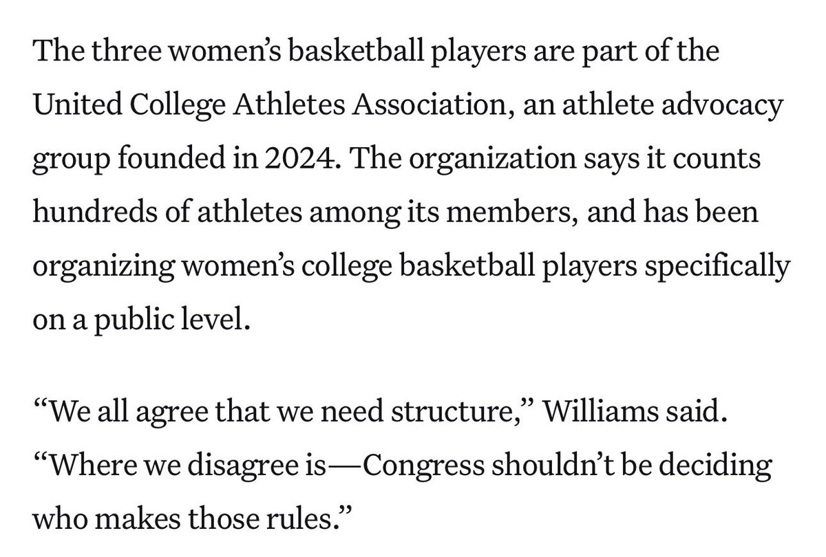 WinterSportsLaw's tweet photo. Current and former women’s college basketball players are speaking out against the Protect College Sports Act, and in favor of a model with collective bargaining.

They note they’re already treated like pros and that Congress shouldn’t be limiting their rights. https://t.co/7rlrP2l0Dh