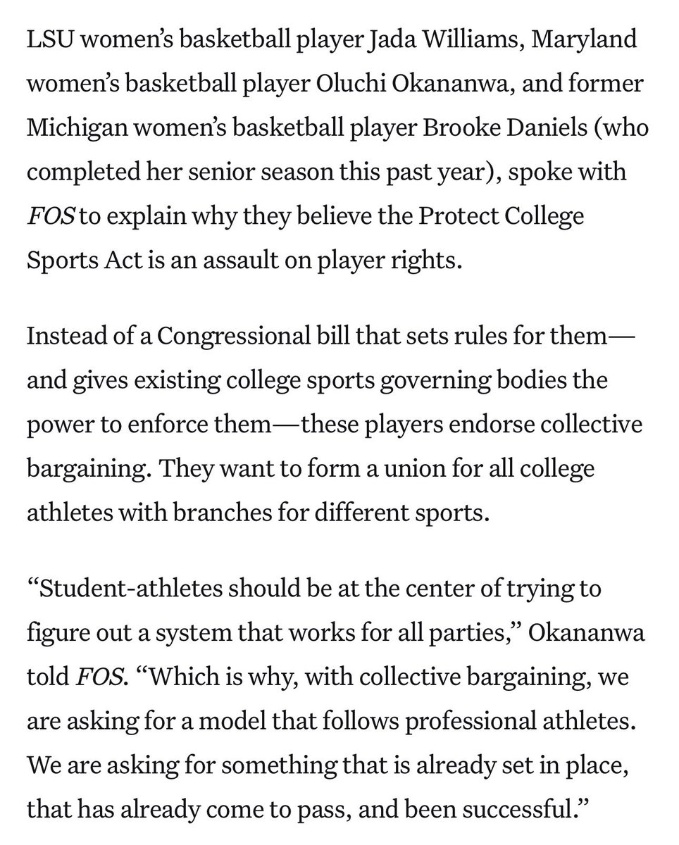 WinterSportsLaw's tweet photo. Current and former women’s college basketball players are speaking out against the Protect College Sports Act, and in favor of a model with collective bargaining.

They note they’re already treated like pros and that Congress shouldn’t be limiting their rights. https://t.co/7rlrP2l0Dh