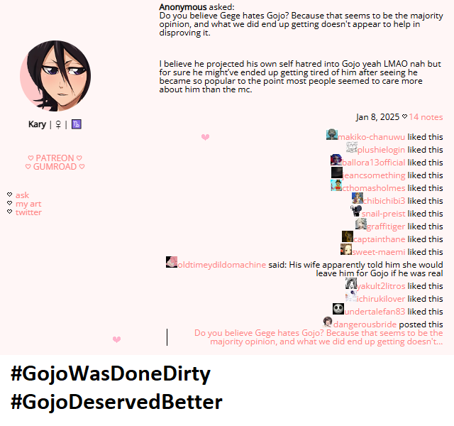 DiscordGod1's tweet photo. @lemongirl_intp Gojo and Utahime could have been an amazing couple together, but alas Gege Akutami was never loved as a child. JJK's canon writing &amp; ending are garbage, there are many other problems as well but sadly I can't say more because Twitter comments have limits which is disappointing. https://t.co/UsvjxLcSjw
