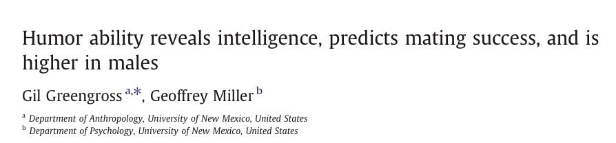 houseofhereaftr's tweet photo. Higher intelligence predicts funnier men and funnier men tend to find more romantic success.

Interestingly, men with stronger moralistic or religious views on sex scored lower on humor ability in the study, even though promiscuous humor wasn’t involved.

• Verbal intelligence (vocabulary test) and humor production ability: r = 0.44 (p < .001) — solid medium-large effect. 
• Abstract reasoning (Raven’s matrices) and humor production: r = 0.27 (p < .001) — medium effect. 
• In the structural equation model (latent general intelligence combining both measures), the path to humor ability was even stronger (standardized estimates in the ~0.5+ range, with humor then linking to mating success).

Later studies (e.g., 2018 Christensen et al.) replicate medium-to-large links between g/intelligence and humor production ability, with verbal/crystallized intelligence showing the strongest ties.