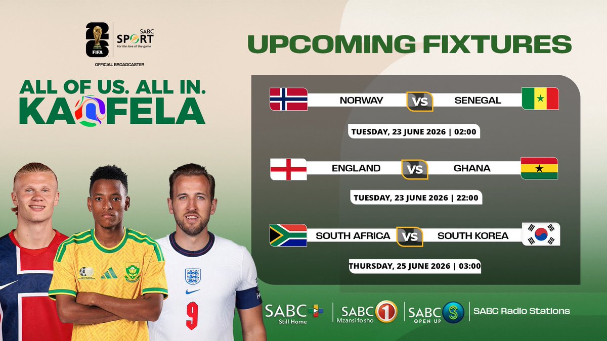 METROFMSA's tweet photo. ⚽ FIFA WORLD CUP 2026 ⚽
 
🔥 Here’s what to look forward to this week🍿⚽
 
📺 Catch all the action LIVE on SABC 1 &amp; SABC 3  
💻 Stream on https://t.co/WG0QkFI5fJ  
📻 Listen live on SABC Radio Stations  
🌍 For fixtures, updates &amp; latest news visit https://t.co/5igkHcYV5z https://t.co/spJRCHK8nO