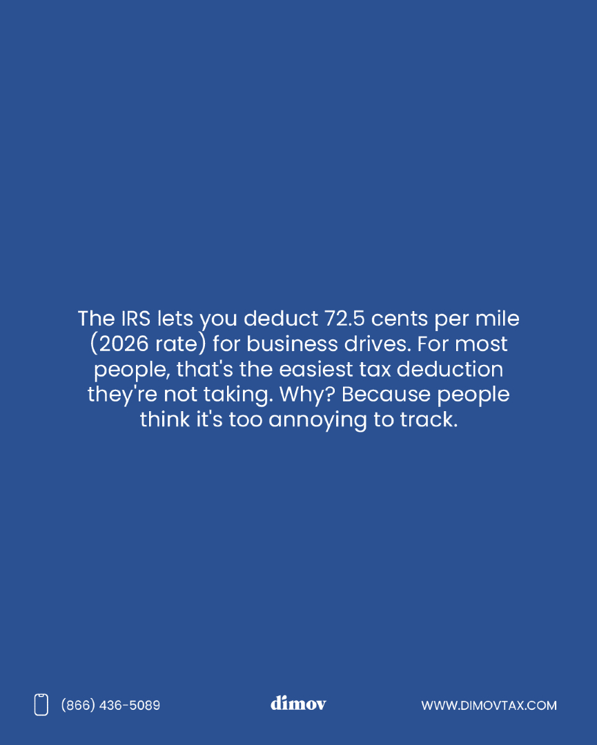 GeorgeDimovCPA's tweet photo. Most people leave thousands on the table every year and not because they don't qualify, but because they think tracking is a hassle. It's not. 30 seconds per drive. That's the whole system.
The IRS lets you deduct 72.5¢ per business mile (2026 rate). Log the date, the miles, and where you went. Do that all year and you're looking at $3,000+ in deductions by tax season, accepted with a simple mileage log. No app, no fancy spreadsheet required.

The catch? You have to start now, not scramble in December. The first week is the hard part. After that it's a habit, and your future self will thank you.

📌 Save this so you actually start tracking.

🌐 https://t.co/pQrXm2VFSY
📞 866-436-5089

#TaxTips #SmallBusinessTaxes #MileageDeduction #TaxDeductions #SelfEmployed

(Not tax advice — rules vary by situation, so check with your CPA.)