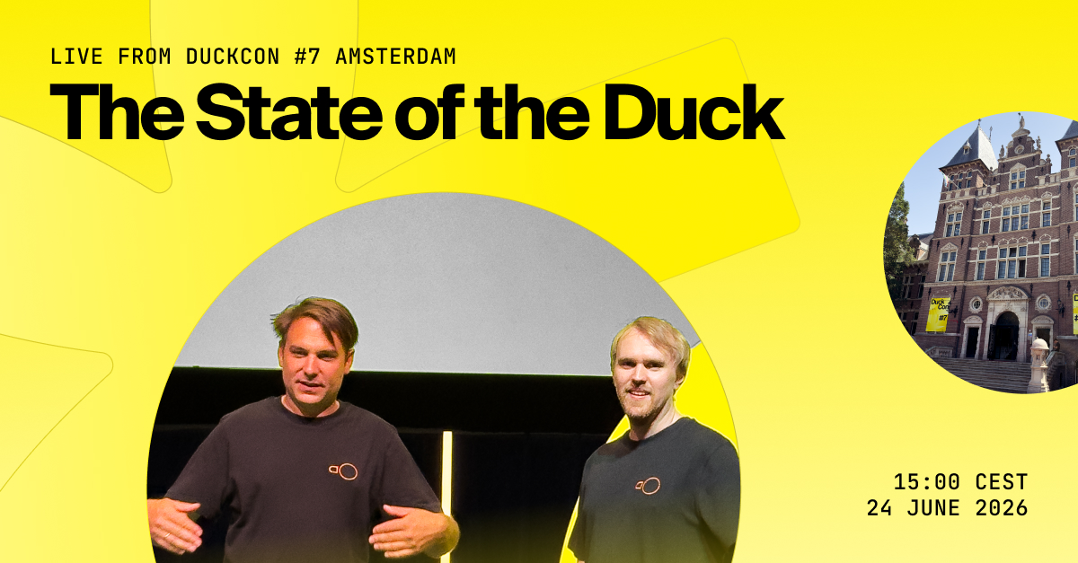 duckdb's tweet photo. Y’all ready for this? 

The annual “State of the Duck” keynote by DuckDB co-creators Hannes Mühleisen and Mark Raasveldt is mere moments away. 

Whether you’re joining us in Amsterdam or on the livestream, we hope you’re pumped to learn more about what’s on the horizon for the future of the Duck Stack straight from the DuckLabs team. 🦆

Catch the livestream here: https://t.co/EA0ExJtQnO 

#DuckDB #DuckCon