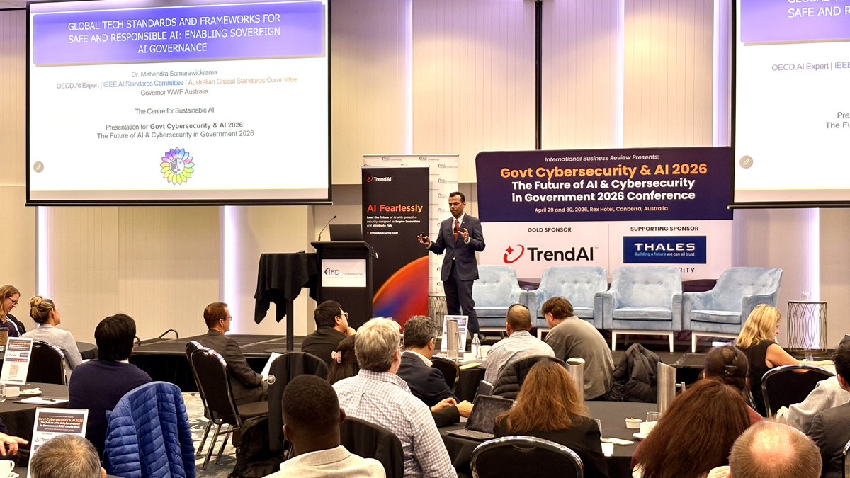 MindCausationAI's tweet photo. Honoured to deliver the keynote at Govt Cybersecurity & AI 2026: The Future of AI & Cybersecurity in Government, focused on AI sovereignty.

My presentation explored an important but often under-recognised dimension of national AI sovereignty: the need for nations to invest in intellectual capability across AI standards, policy, governance frameworks and international interoperability.

When AI sovereignty is discussed, the focus is often on data, compute infrastructure, cloud capability and sovereign technology platforms. These are all critical.

However, national influence in the global AI ecosystem also depends on the ability to shape the standards, frameworks and policies that guide how AI is developed, governed, assured and trusted.

AI sovereignty goes beyond owning data and infrastructure. It also requires intellectual leadership in the global systems that define the future of AI.

Investing in international standards and policy development is not only a governance priority. It is a strategic capability.

It enables nations to contribute to global interoperability, protect national interests, strengthen economic resilience and support safe, responsible and sustainable AI adoption.

There is a significant opportunity for governments, standards bodies, industry, academia and civil society to collaborate on interoperable frameworks that enable trustworthy AI at scale.

Thank you to IBR Conferences Pty Ltd, Jay Nair and all colleagues contributing to this important conversation.

#AISovereignty #AIGovernance #GlobalStandards #Interoperability #ResponsibleAI #AIStandards #AIPolicy #TrustworthyAI #AILeadership #Sustainability #NationalStrategy #AIFrameworks #Cybersecurity #GovTech