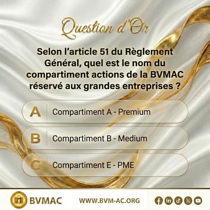 BvmacOfficiel's tweet photo. 🏅 QUESTION D'OR ! 📊 Selon l'art. 51 du règlement de la BVMAC, quel compartiment est réservé à la négociation des actions des grandes entreprises ?

A. Compartiment A - Premium 
B. Compartiment B - Medium 
C. Compartiment E - PME

👇 Votre réponse en commentaire ! https://t.co/QdUH6jkb9M