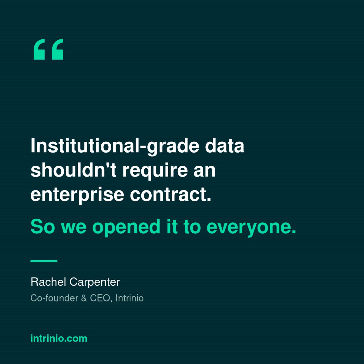 intrinio's tweet photo. For years, the best financial data sat behind sales calls and enterprise contracts.

Today that door is open — institutional-grade data shouldn't require an enterprise contract, so we opened it to everyone.

— Rachel Carpenter, Co-founder &amp; CEO, Intrinio https://t.co/QiuYTPoeHq