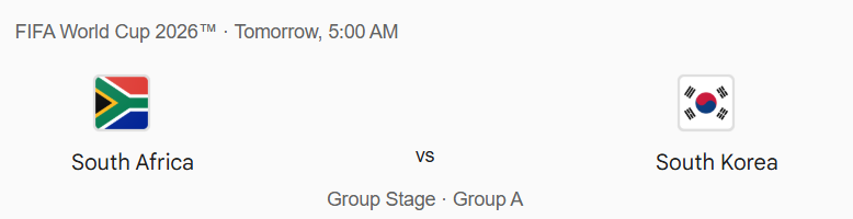 DreamGameZCoin's tweet photo. Tomorrow. 5:00 AM. ⏰

South Africa 🇿🇦 vs South Korea 🇰🇷
FIFA World Cup 2026 · Group A

Two Souths enter. Only one advances.

Now here’s our question for you 👇

❓ Which “South” wins tomorrow?

🟢 South Africa — Bafana Bafana upset incoming
🔵 South Korea — Son & co. too strong

Drop your prediction below. Luck 10 users will wins a FREE Pulse Predict entry coupon. 🎁

#SouthAfricaVsSouthKorea #WorldCup2026 #PulsePredict #DreamGameZ #Football