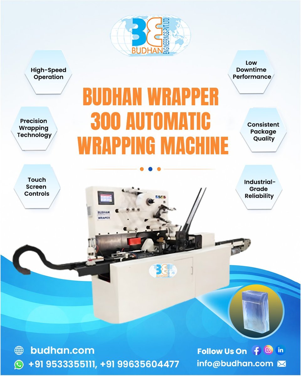 budhan_official's tweet photo. 🚀 Upgrade your packaging process with the Budhan Wrapper 300 Automatic Wrapping Machine.

Delivering high-speed operation, precision wrapping, and consistent package quality with minimal downtime. 

🌐https://t.co/Fhm6oOYYY5

#BudhanEngineering #WrappingMachine #PackagingMachine https://t.co/FGtVOa5GC2