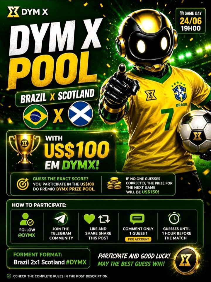 DYMXCOIN's tweet photo. 🇧🇷⚽ DYM X POOL – BRAZIL vs SCOTLAND ⚽🏴

Competing for $100 in DYMX! 💚🔥

Think you know the final score?
Drop your prediction below in this format:

Brazil 2x1 Scotland #DYMX

📌 How to participate:

✅ Follow @DYMX: https://t.co/HfZuqSUI6n
✅ Join our Telegram community: https://t.co/VLo6M93cId
✅ Like and repost this post
✅ Comment only 1 prediction

⏰ Predictions are valid until 1 hour before kickoff.

🎯 Whoever gets the exact score right will split the $100 prize in DYMX.

If no one gets it right, the prize rolls over to $150 for the next match. 🚀

Good luck, community! 💚🔥