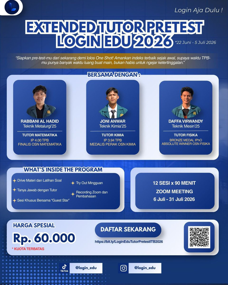 omwtoitb's tweet photo. HI ITB 26 yg masih bingung & nyari tutor pretest, bisa bangeet join login edu!! 12 pertemuan only for 60K (1x pertemuan cm 5K alias MURCE ABIS)
dan kl kalian ngajak temen bs makin muraaah! #pretest
gas lgsg daftarr pake kode referral “byebyeSCL” 🌟📚 https://t.co/wZdiiKiagH