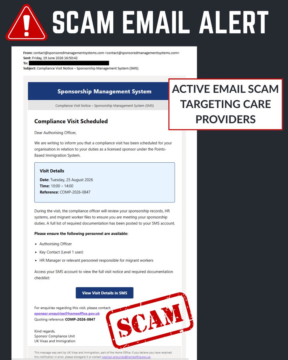 AstonBrooke's tweet photo. ⚠️ SCAM ALERT

Phishing emails impersonating the Home Office are targeting UKVI login details.

❌ Don’t click suspicious links
❌ Don’t enter details via emails/forms
✅ Only use the official https://t.co/BxNuxJ38j7 site

Stay alert and share with your team.

#scam https://t.co/W5iGEBa1DB