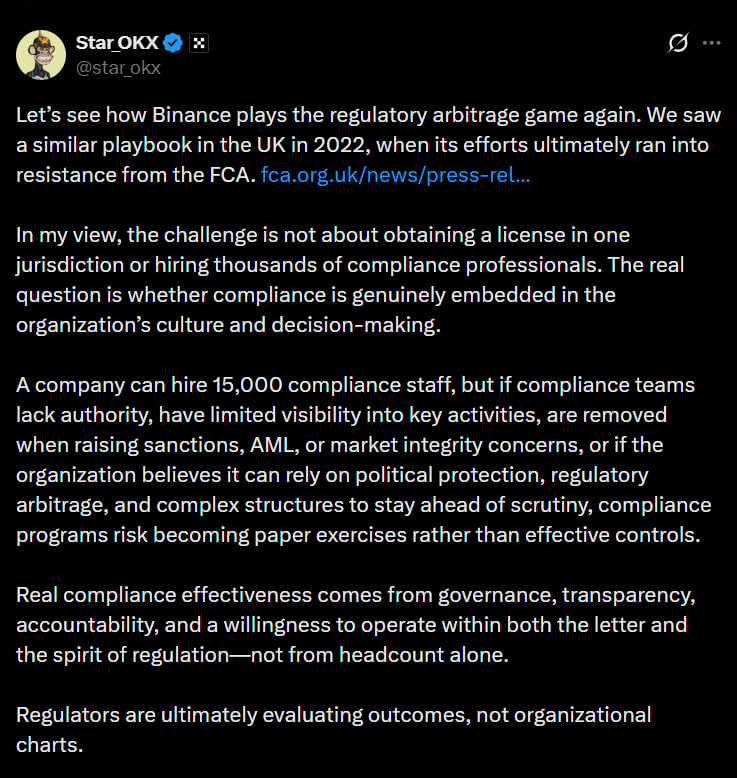 Cointelegraph's tweet photo. 🚨 INSIGHT: OKX CEO says Binance’s latest moves raise the bigger question of whether compliance is truly embedded in company culture. https://t.co/0I1OIVTGUr
