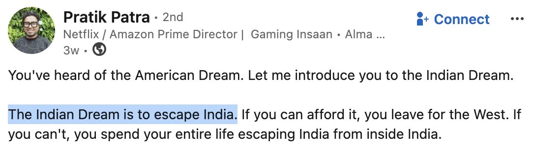 ayushpranav3's tweet photo. The Indian Dream is to escape India. https://t.co/J139Jz8d7u