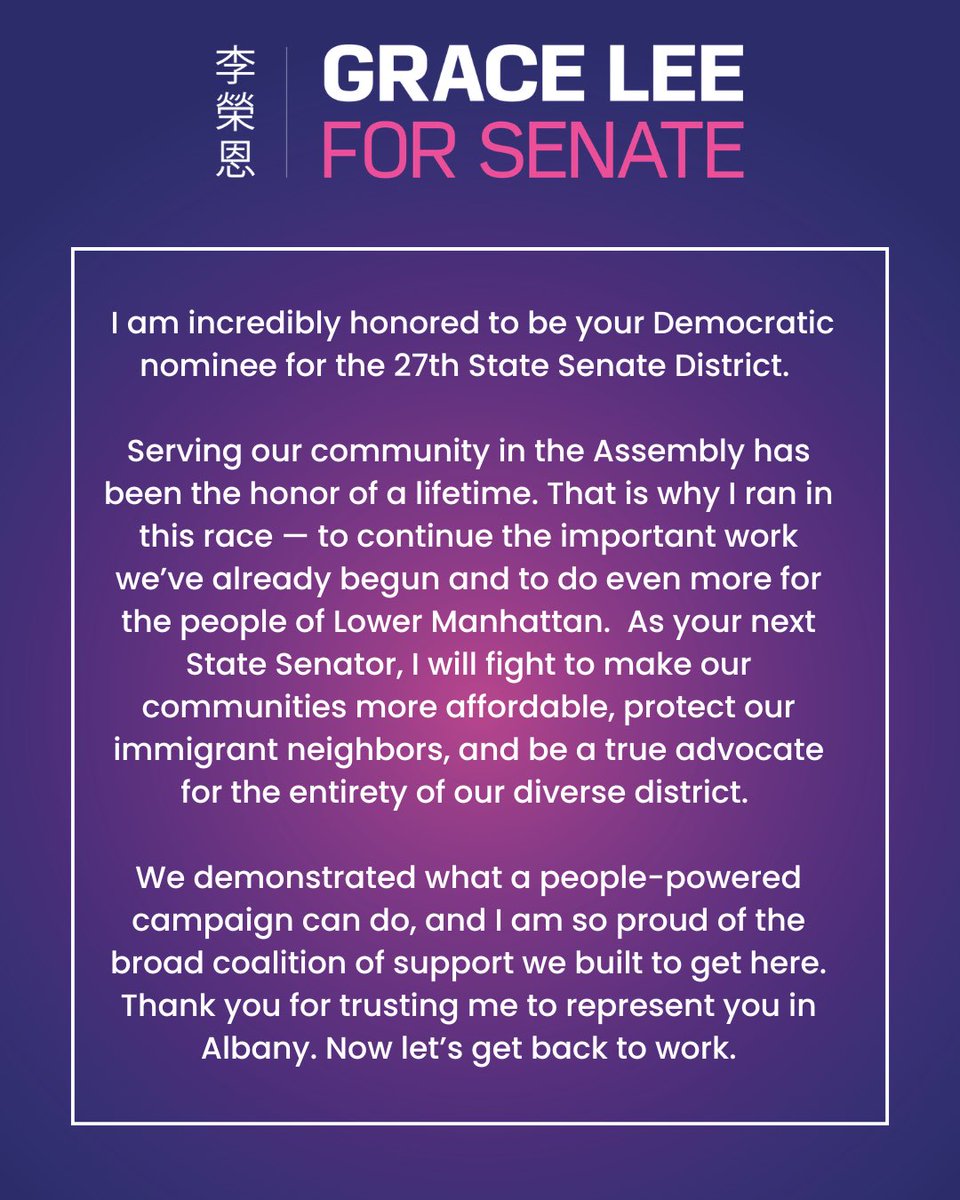 graceleefornyc's tweet photo. Thank you, Lower Manhattan. I am honored to be your Democratic nominee for the 27th State Senate District. Thank you for trusting me to represent you in Albany — now let’s get back to work. https://t.co/aulPlNZUvS