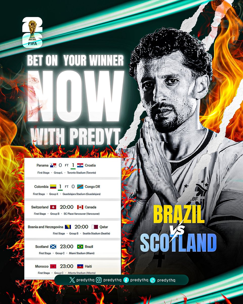 PredytGame's tweet photo. โฝ Matchday is live!
Who gets the win today? ๐
๐จ๐ญ Switzerland vs Canada ๐จ๐ฆ
๐ง๐ฆ Bosnia vs Qatar ๐ถ๐ฆ
๐ฒ๐ฆ Morocco vs Haiti ๐ญ๐น
๐ด๓ ง๓ ข๓ ณ๓ ฃ๓ ด๓ ฟ Scotland vs Brazil ๐ง๐ท
Drop your predictions before kickoff and prove you know football.
Predict for FREE. Win for REAL.
#Predyt #FIFA2026 #Matchday https://t.co/00ml9JKFTl