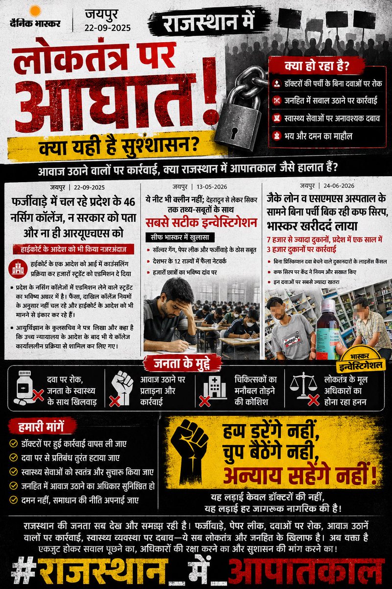 jaatKaml's tweet photo. जनता की आवाज़ का सम्मान होना चाहिए।
#राजस्थान_में_आपातकाल
#राजस्थान_में_आपातकाल https://t.co/7QW97lZzYc