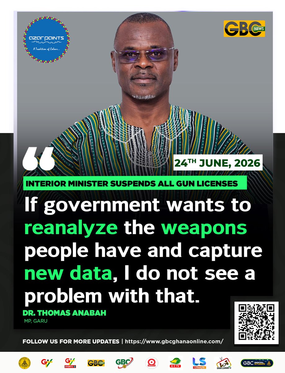 gbcnews_'s tweet photo. Interior Minister suspends all gun licenses. If the government wants to reanalyze the weapons people have and capture new data, I do not see a problem with that. 

-Dr. Thomas Anabah, MP, Garu.

 #gtvbreakfastshow #GunLicense https://t.co/I9qRrBzzkI