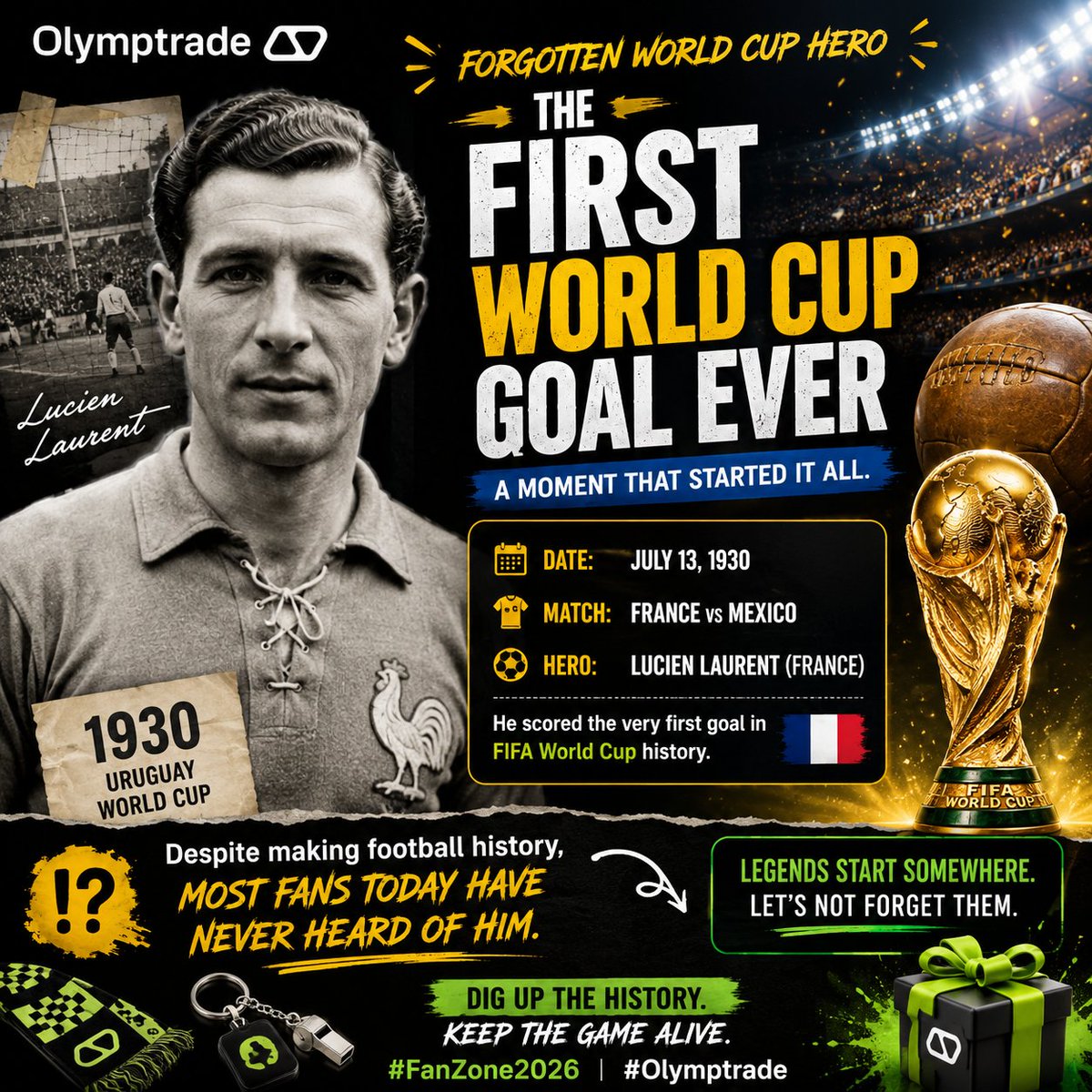 Manethica's tweet photo. Did you know?
France's Lucien Laurent scored the first-ever FIFA World Cup goal in 1930, yet most football fans have never heard of him.
It surprised me because you'd expect the player who scored the tournament's first goal to be remembered forever.
#FanZone2026 #Olymptrade https://t.co/Yu04AMSGKb