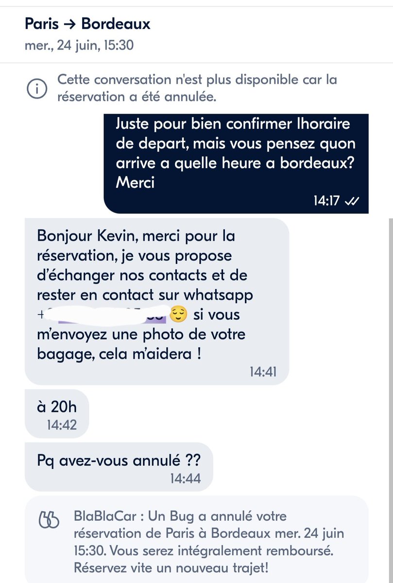 TtdKevin's tweet photo. @BlaBlaCar_FR Pourquoi ma résa a sauté, deja que la sncf a bien fait de la m**de, et là "un bug" a annulé le trajet ????? https://t.co/TXLw45SWcv