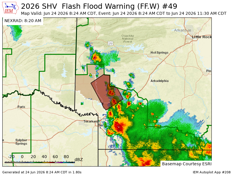 ArklatexWX's tweet photo. SHV issues Flash Flood Warning [flash flood: radar indicated] for Hempstead, Howard, Sevier [AR] till Jun 24, 11:30 AM CDT https://t.co/dOhmhCZ3CX https://t.co/oSvrPzJpb6
