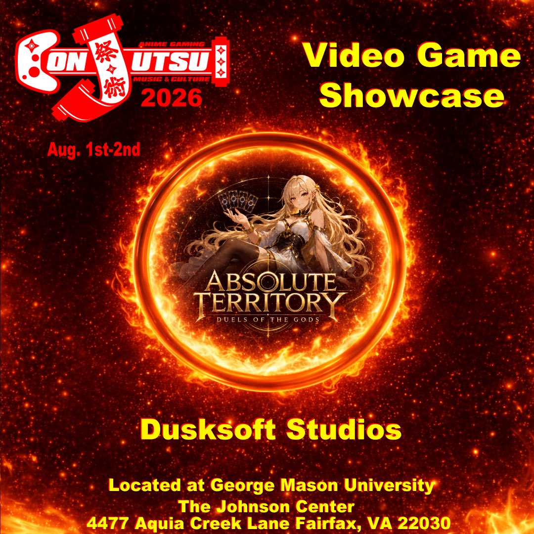 Conjutsu's tweet photo. I’m honored to announce @dusksoft_studios is showcasing Absolute Territory at Conjutsu 2026! Get your tickets today at https://t.co/3IULtxRJo9 thank you and see you there!
#dusksoftstudio
#conjutsu2026
#anime
#animecon
#gamingcon
#AbsoluteTerritory https://t.co/ycvN3HEn3x