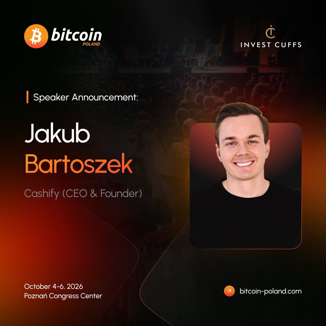 Bitcoin_Poland's tweet photo. Speaker announcement 🎙️

Jakub Bartoszek (@jakub_bartoszek) will take the stage at Bitcoin Poland Conference 2026.

CEO and founder of @CashifyEu and @CashifyGold , one of Poland's largest bitcoin and precious-metal exchange networks. In bitcoin since 2016 - first mining and data centres, now exchange and advisory.

🟠 Bitcoin Poland Conference. 4 - 6 October, Poznań.

Early Birds Tickets are live! 🦅
https://t.co/BvxNYDI3DB