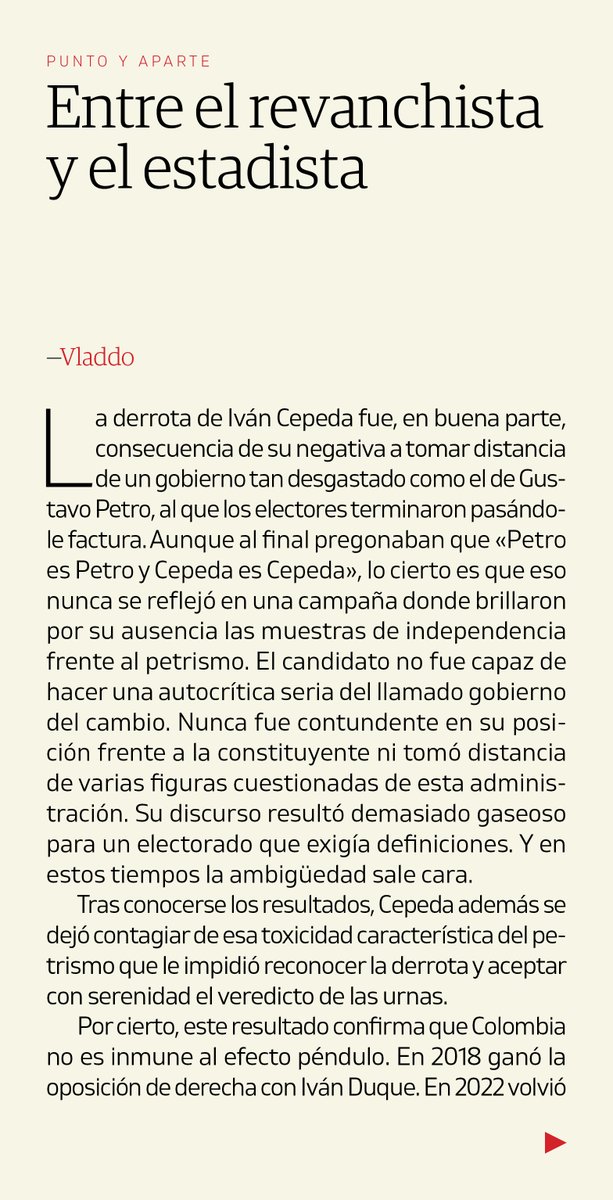 VLADDO's tweet photo. Entre el revanchista y el estadista — Después de meses de discursos de retaliación, consignas de odio y promesas de mano dura, quedan demasiadas preguntas sin respuesta. No se sabe si De la Espriella piensa gobernar como un estadista o como un revanchista, tal y como lo prometía en campaña. — El discurso de división es muy útil para conquistar el poder, pero muy poco recomendable para ejercerlo. — Mi columna de esta semana en @ELTIEMPO