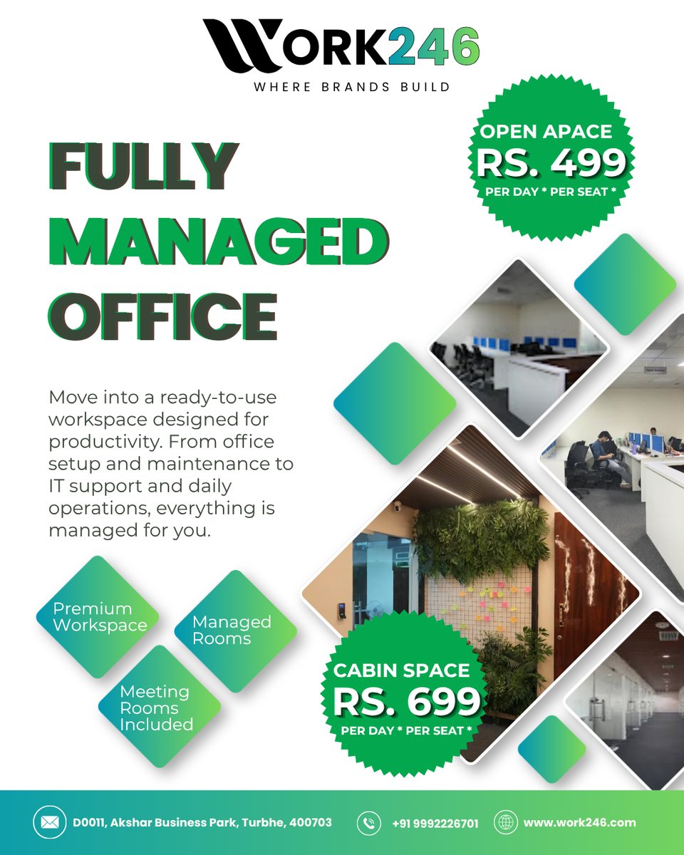 work246_com's tweet photo. FULLY MANAGED OFFICE 🏢

Move in. Work. We handle the rest.

✅ Premium Workspace
✅ Managed Rooms
✅ Meeting Rooms Included

📍 Turbhe, Navi Mumbai
📞 +91 9992226701
🔗 https://t.co/ZB78X0YZvE

#Work246 #FullyManagedOffice #Coworking #NaviMumbai https://t.co/2w8rCpWp4w