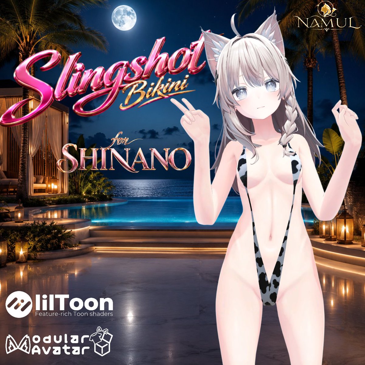 namul_vgames's tweet photo. 💎 Slingshot Bikini for SHINANO 📷 
An eye-catching slingshot bikini outfit for Shinano is now available. 
Includes 14 ready-to-use color &amp; pattern variation prefabs.  
Compatible Avatar: Shinano  
BOOTH link below. 
https://t.co/qmuk6eQ5Ll

#VRChat #BOOTH #VRChat衣装 #しなの https://t.co/D4x1GHV5O6