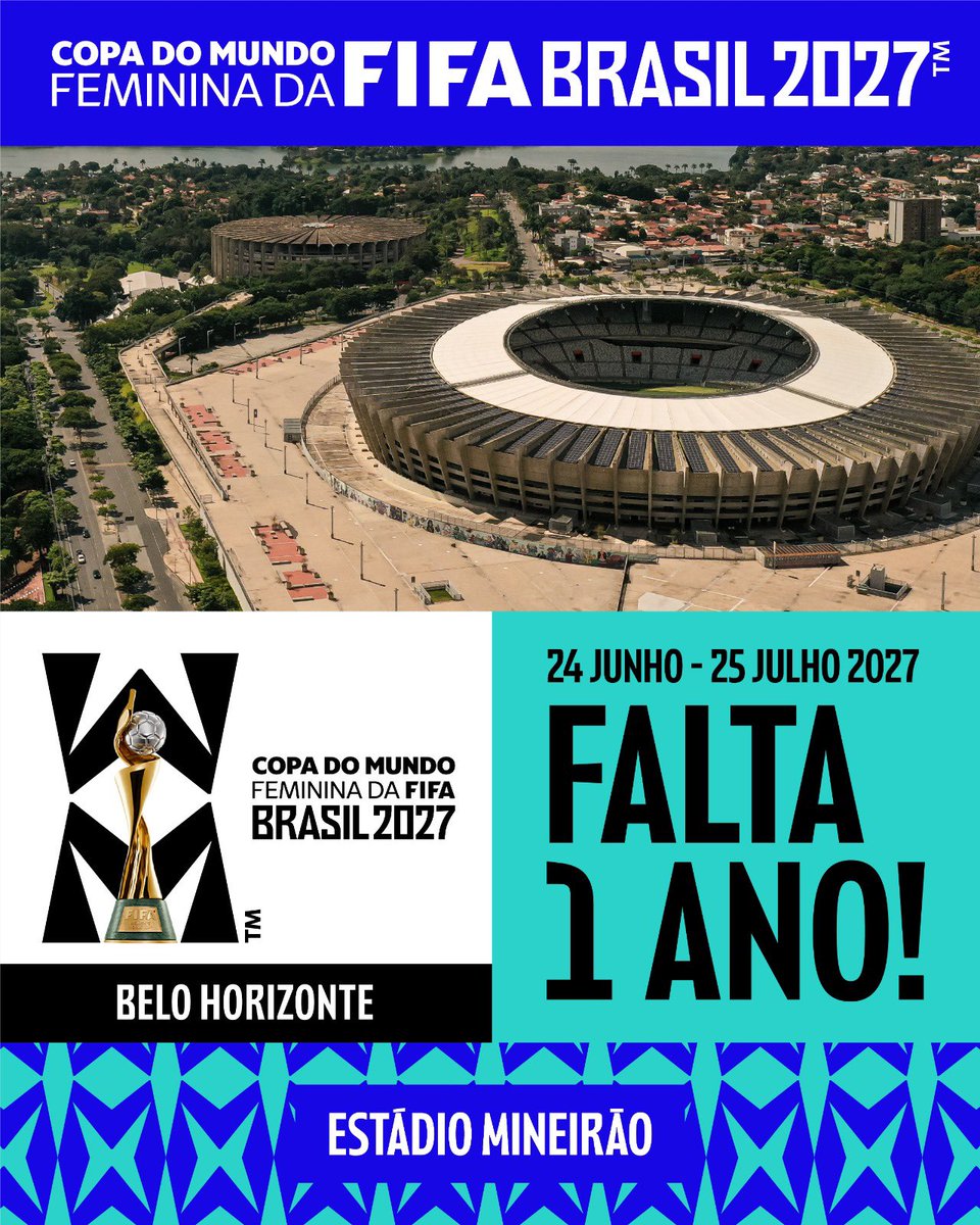 Mineirao's tweet photo. A energia está crescendo. Falta um ano para a Copa do Mundo Feminina da FIFA Brasil 2027 ™. 🇧🇷 

#FIFAWWC #VaiSerEpico https://t.co/QkxfaZXGVM