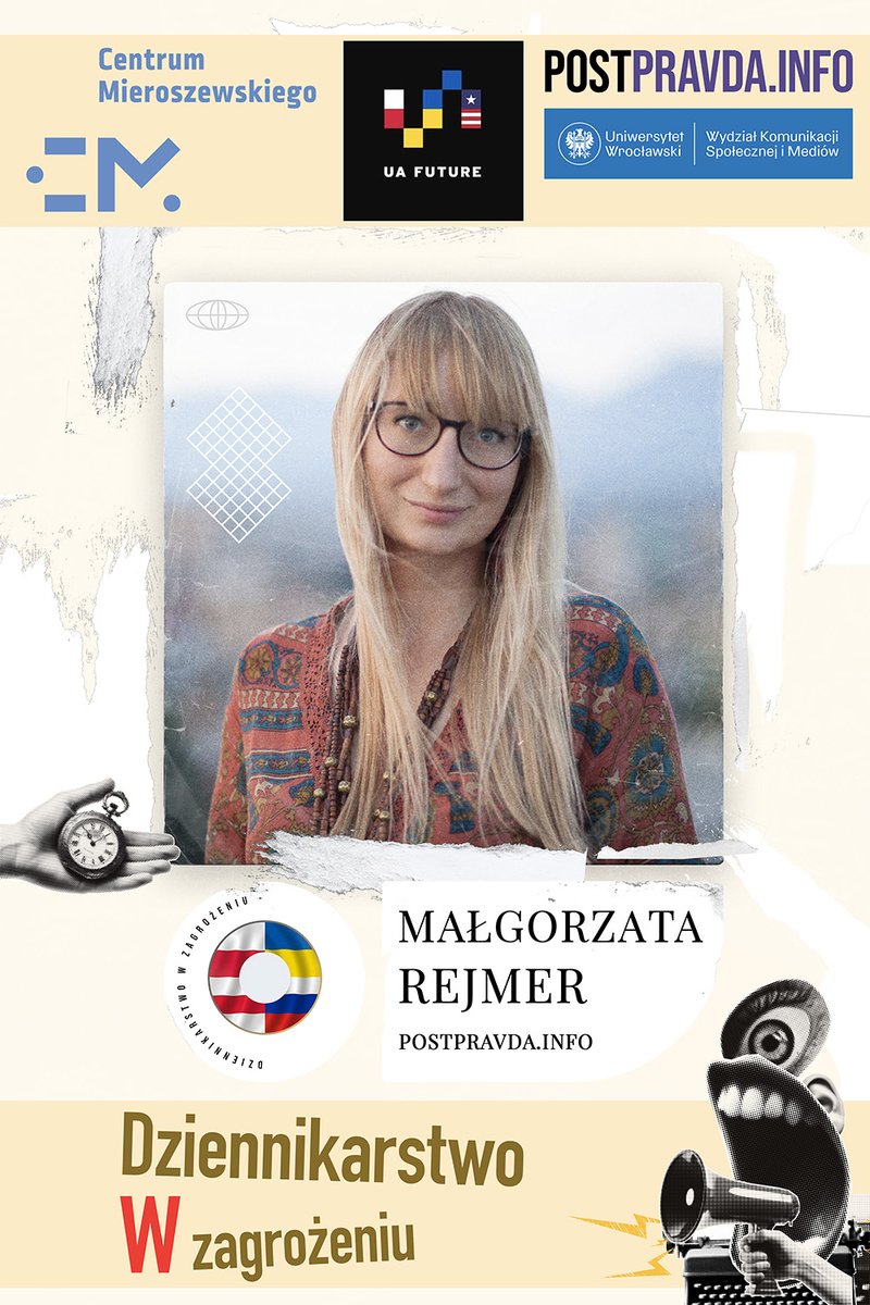 PostPravdaInfo's tweet photo. 🎯 Jest znami Małgorzata Rejmer @margo_rejmer, która dołącza do Zespołu #DreamTeam realizującego projekt #DziennikarzeWZagrożeniu w @PostPravdaInfo.

🟢 Małgorzata Rejmer (ur. 1985), pisarka, reporterka, zbieraczka opowieści, miłośniczka Bałkanów. 

📌 Autorka powieści „Toksymia”, zbioru opowiadań „Ciężar skóry” i dwóch książek non-fiction, „Bukareszt. Kurz i krew” oraz „Błoto słodsze niż miód. Głosy komunistycznej Albanii”. 
📌 Laureatka Paszportu Polityki, Nagrody Kościelskich, Nagrody Newsweeka, Nagrody im. Arkadego Fiedlera, Gwarancji Kultury TVP Kultura, nagrody dla dziennikarzy BIRN Fellowship for Journalistic Excellence. 

Jej książki przetłumaczono na kilkanaście języków.

📌 Debiutowała już jako trzynastolatka wierszami opublikowanymi w kwartalniku „Okolica Poetów”. Jej pierwsze opowiadanie „Poczekalnia” ukazało się w antologii „20 lat pod lampą” pod redakcją Pawła Dunin-Wąsowicza.

🇦🇱🇵🇱 Kilka lat mieszkała w Albanii w Tiranie, jest członkinią Unii Literackiej.

🔴 „Dziennikarze w zagrożeniu”. Co to takiego?

📌 Projekt finansowany jest ze środków Centrum Mieroszewskiego @MieroszewskiPL przy współpracy z Uniwersytet Wrocławski @uniwroc, a konkurs na jego realizację wygrała Fundacja @uafuturecharity w ramach portalu @PostPravdaInfo, walczącego z dezinformacją i propagandą.
📌 Przez najbliższe kilka miesięcy będziemy zbierali relacje i publikowali historie dziennikarzy i dziennikarek ukraińskich, opozycyjnych białoruskich i rosyjskich reporterek i reporterów, którzy ze względu na swoją pracę oraz sprzeciw wobec reżimów znaleźli się w niebezpieczeństwie, zostali poddani represjom, musieli uciekać ze swoich ojczyzn lub zostali uwięzieni albo zamordowani, jak Wiktoria Roszczyna z Ukrainy 🕯️🙏

🔴 Pierwsze publikacje przewidujemy już w lipcu. Czytajcie @PostPravdaInfo!

🎓 Projekt zakończy się dwudniową konferencją w gmachu Wydziału Komunikacji Społecznej i Mediów Uniwersytetu Wrocławskiego. Zapraszamy w październiku2026.
 
#CentrumMieroszewskiego #PostPrawda #PostPravda #UniwersytetWrocławski #Dziennikarstwo #KorespondentWojenny #WojnaOPrawdę #NaWojniePrawdaUmieraPierwsza #NieLękajcieSię #TheForceIsWithUs