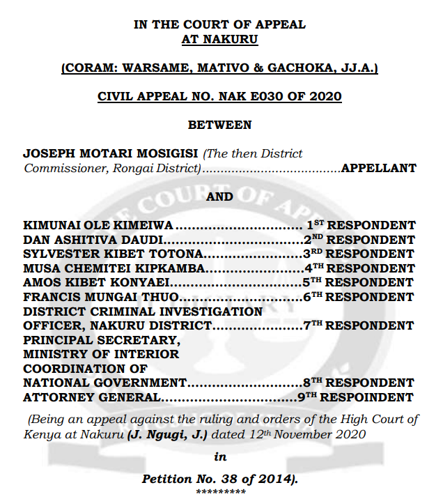 KJA_Kenya's tweet photo. ⚖️ The Bench Speaks 📜

The Court of Appeal affirms High Court decision that Public officers on a "frolic of their own" cannot hide behind Govt immunity. A former District Commissioner just lost his bid to escape personal liability for malicious prosecution. The message? State power is not a weapon for political scores. Impunity loses. Accountability wins.

CIVIL APPEAL NO. NAK E030 OF 2020 JOSEPH MOTARI MOSIGISI (The then District Commissioner, Rongai District) Vs KIMUNAI OLE KIMEIWA and 8 others

https://t.co/vuwSVL3Sk4

@Kenyajudiciary @jsckenya @KMJA_KENYA
@lawsocietykenya