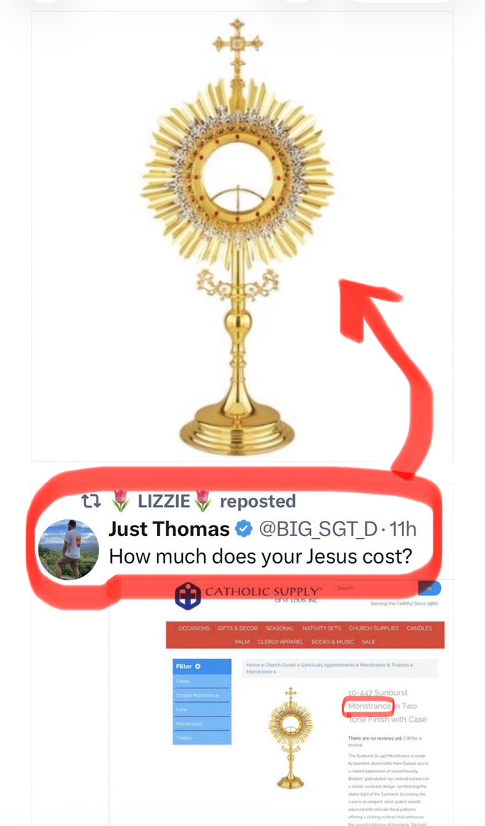 MrCasey62's tweet photo. For those Evangelicals like Lizzie (@farmingandJesus) and Thomas (@BIG_SGT_D) who think this is Jesus, this is not Jesus. This is a Monstrance. You know it’s a Monstrance because it’s called a “Monstrance” in the description. 

This is not Jesus. https://t.co/zl92alocF6
