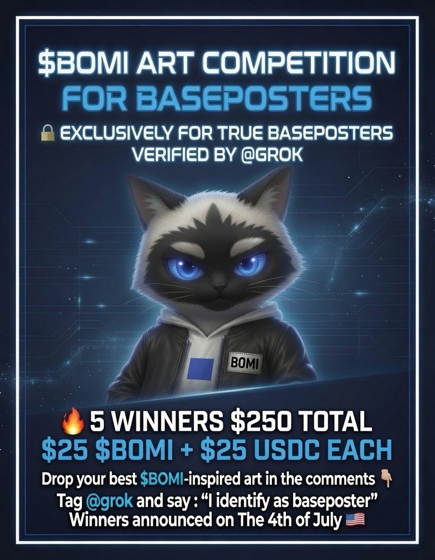 bomionbase's tweet photo. We’re happy to announce our new $BOMI Art Competition for Baseposters! 🎨

Baseposters only (this time) - verified by @grok

Inspired by @baseposting and sponsored by @Mirocious 

Drop your best $BOMI-inspired art in the comments.
Tag @grok and say: “I identify as baseposter”
Full details in the poster!!!

Follow us here on X and join our TG community: 
https://t.co/1SXVmbKhO7
Let’s see your best BOMI art! 🔥