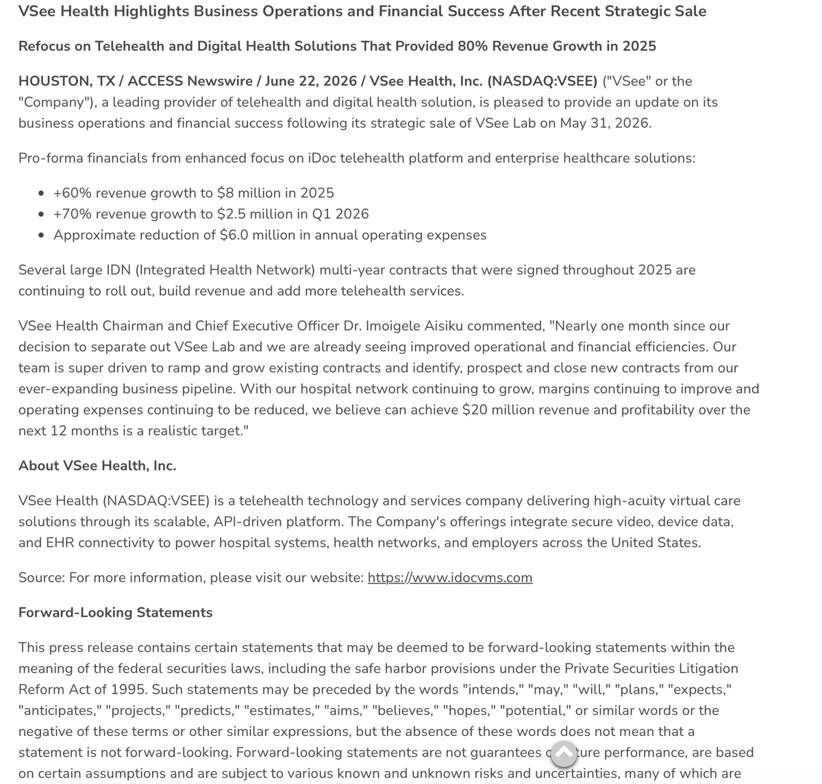 socialstartnow1's tweet photo. $VSEE Approximate reduction of $6.0 million in annual operating expenses
 https://t.co/g8BxYat95n  #spaceX #newtothestreet #NASDAQ #otc #AI #wsj #nytimes #business #reuters #forbes #yahoofinance #cnn #bet #foxnews #latimes #MSN #usatoday #barronsonline #ESPN #WGN #Apple #ir #pr #Newswire #TSLA #NOW #gold #silver #news #Energy #rollingstones #marketing @socialstartnow1  #taxes #health #healthcare